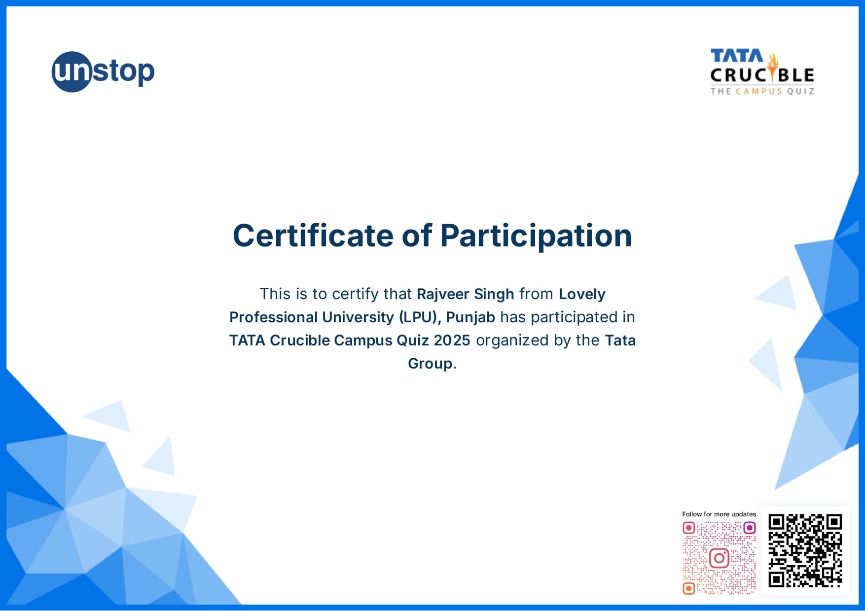 Tata Crucible Campus Quiz certificate preview