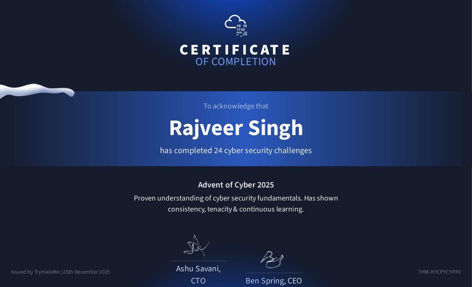 Advent of Cyber 2025 certificate preview