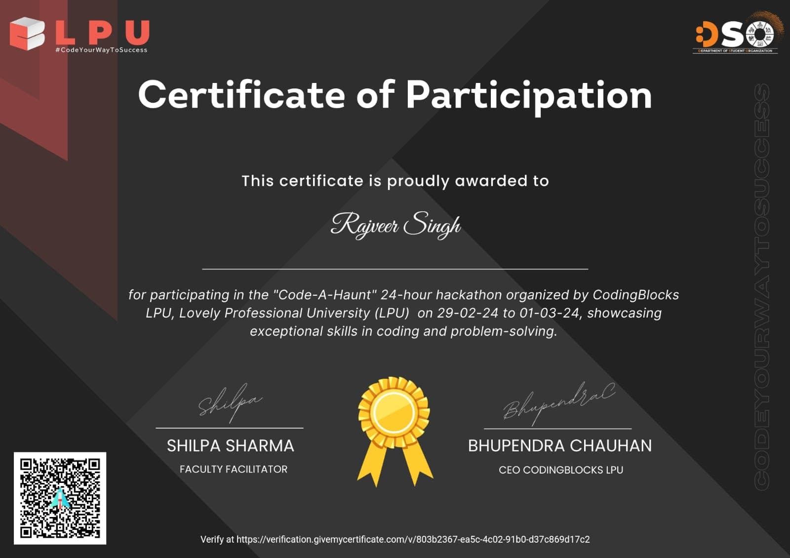 Code-A-Haunt Hackathon certificate preview