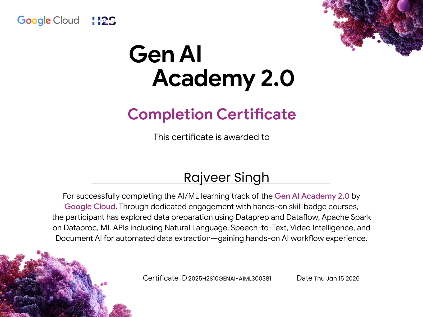 Gen AI Academy 2.0 certificate preview
