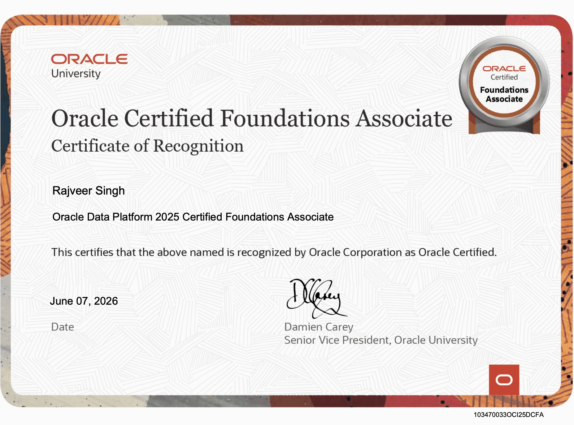 Oracle Certified Foundations Associate certificate preview